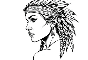 Female Native American with headband side pose tattoo idea