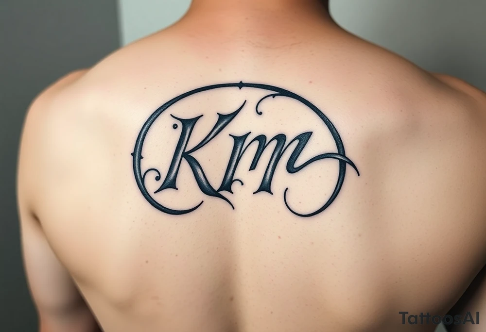 letters only fancy but rugged twisted and intertwined circular arched curvy lettering (KM ) almost like the the roca wear symbol clothing brand trademark tattoo idea