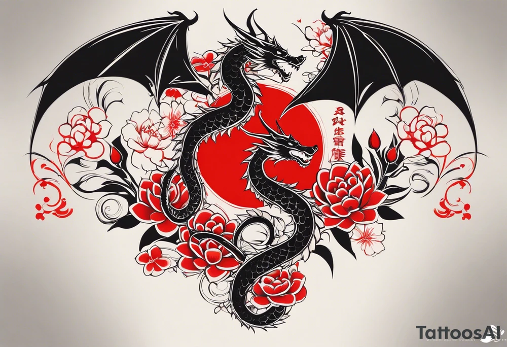 Quiero un tatuaje en toda la espalda con dos dragones verticales uno en frente del otro (uno con cara fiera y el otro con cara amable), con un sol o luna rojo en medio, y otros detalles de letras en japonés y flores pequeñas tipo flor de cerezo (en rojo y negro) tattoo idea