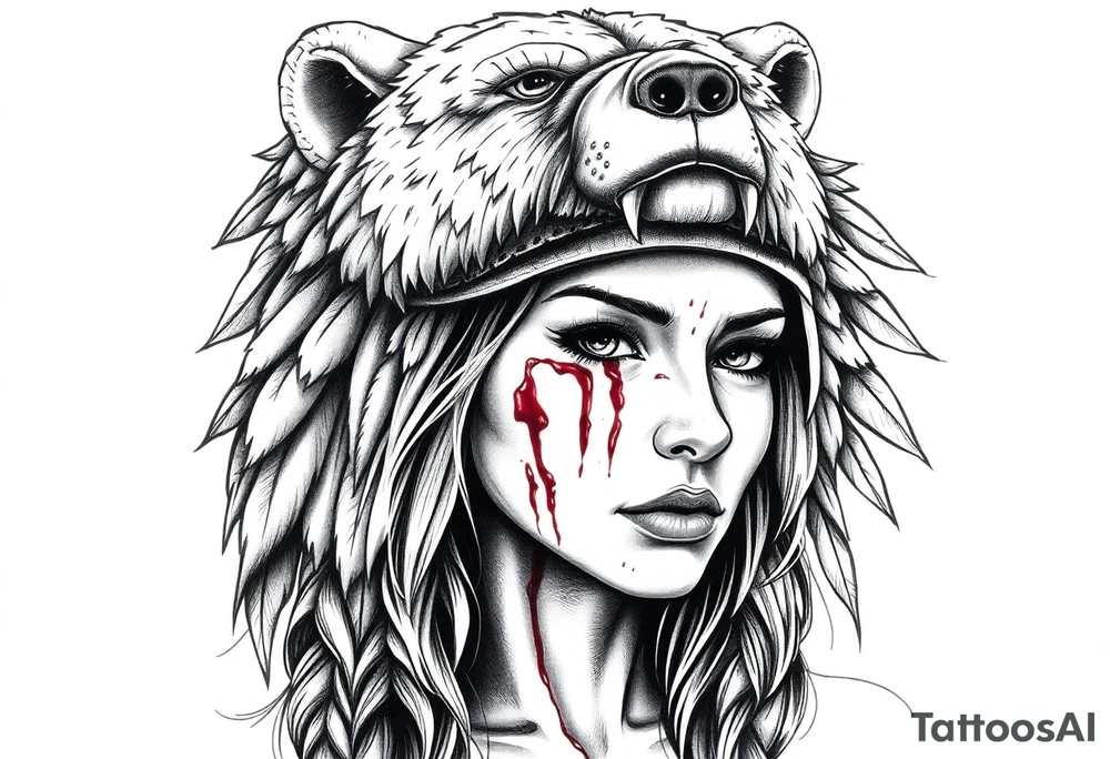 Beautiful Womans shedding a tear, with battle scars and blood on face, wearing a mean looking bear headdress on head tattoo idea