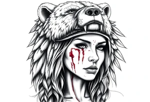 Beautiful Womans shedding a tear, with battle scars and blood on face, wearing a mean looking bear headdress on head tattoo idea
