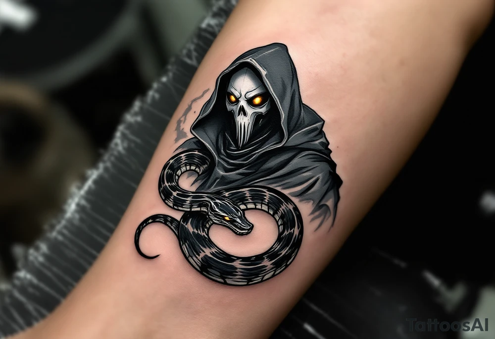 Plague Doctor with a Snake – A dark-robed doctor witn a silver-gray with tipical mask, with a black viper wrapped around their arm, symbolizing healing and poison. The snake's eyes glow deep amber, adding a mystical touch. tattoo idea