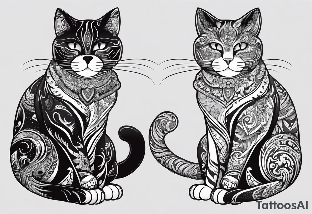 2 Coffee drinking Cats. One is black with white paws and a white tail tip. The other one is black and gray, classic tiger pattern. It should Look really french. tattoo idea