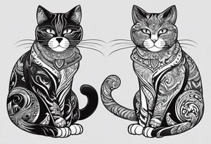 2 Coffee drinking Cats. One is black with white paws and a white tail tip. The other one is black and gray, classic tiger pattern. It should Look really french. tattoo idea