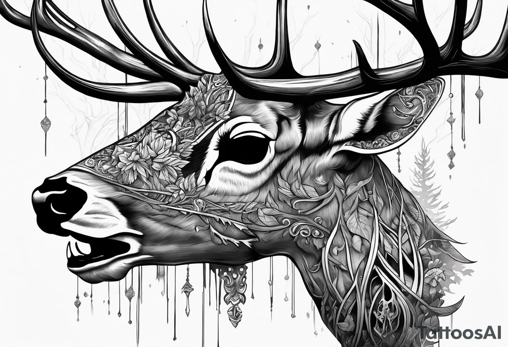 A side view of a dead deer skull surrounded by trees and fire tattoo idea