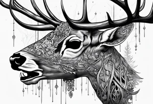 A side view of a dead deer skull surrounded by trees and fire tattoo idea