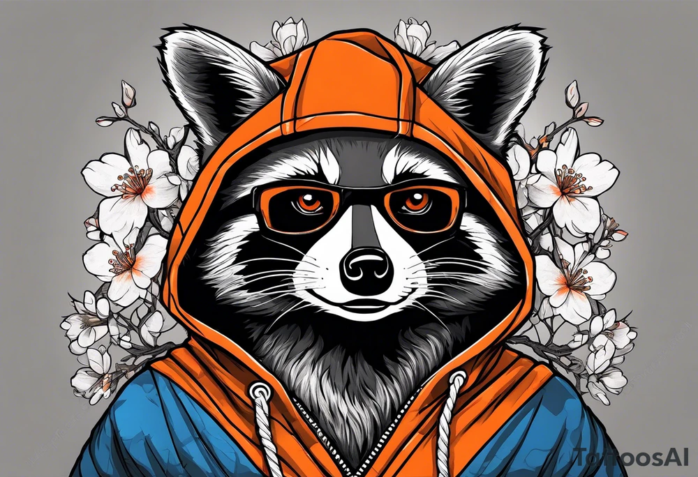 raccoon wearing a black and white Superman hoodie and orange Japanese cherry blossoms tattoo idea