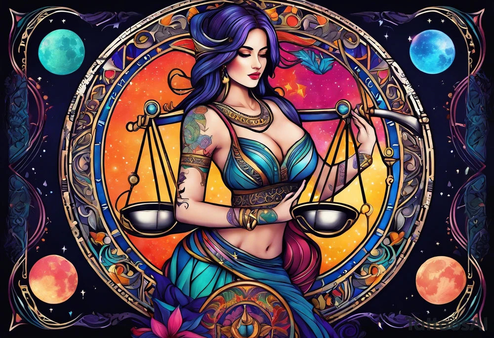 Libra woman holding scales with a night zodiac background including a half moon that encircles half of the woman with vibrant colors tattoo idea