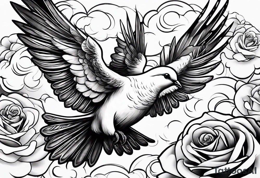 A dove flying through the clouds with roses intertwined in its wings tattoo idea
