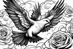 A dove flying through the clouds with roses intertwined in its wings tattoo idea