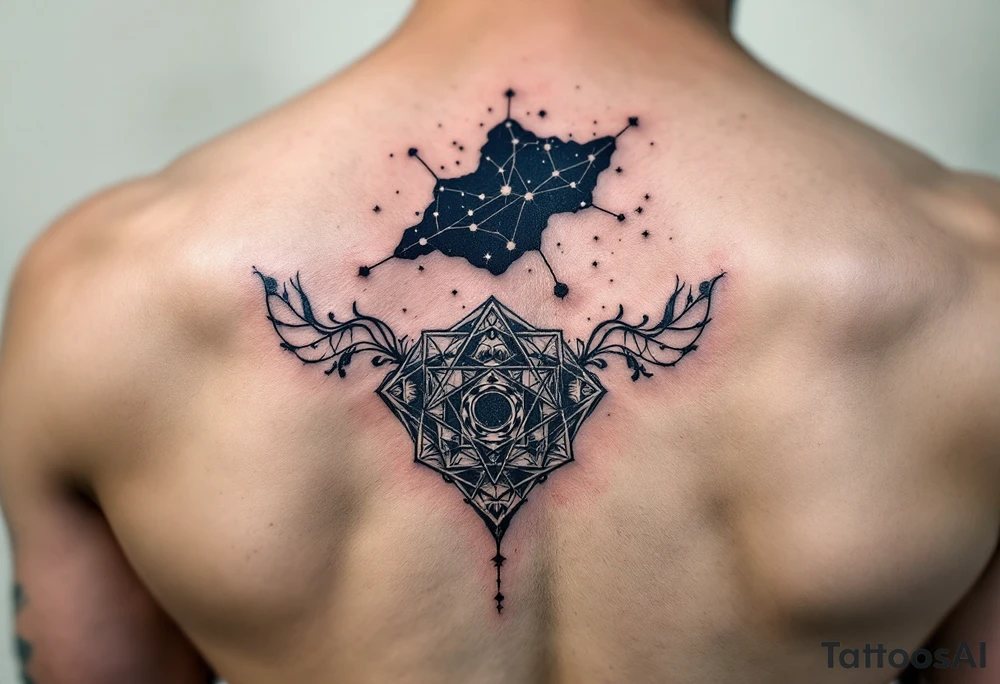 A dark blue Virgo constellation floats above the zodiac symbol carved in moss green near the collarbone. tattoo idea