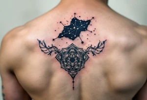A dark blue Virgo constellation floats above the zodiac symbol carved in moss green near the collarbone. tattoo idea