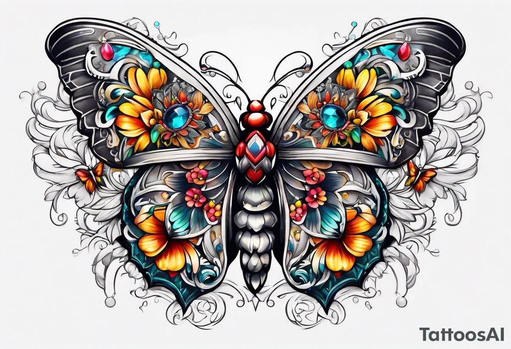 Flower chest piece, 
crystals, moth tattoo idea