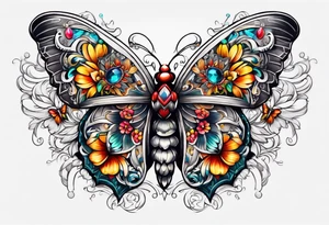 Flower chest piece, 
crystals, moth tattoo idea