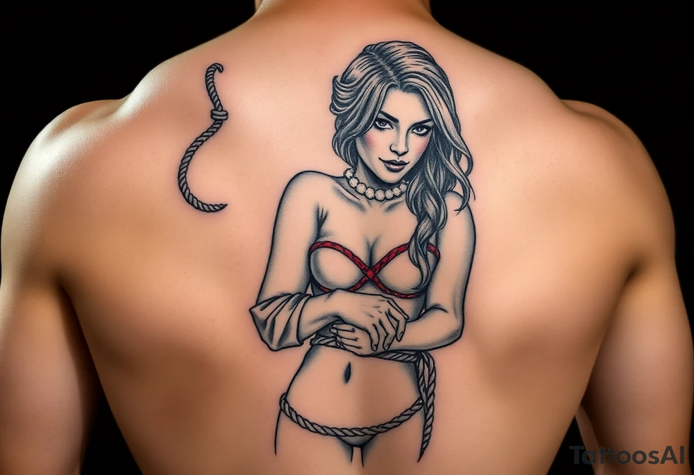powerful female bdsm domm wearing red with her submissive bound by rope tattoo idea