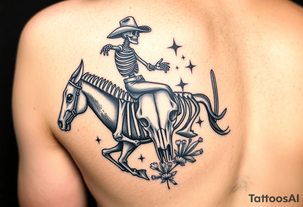 cowboy skeleton riding the horse skeleton on bicep, sized to fill most of the outer bicep. mountain/longhorn skull over the shoulder cap. Dill with (stars, dots, and desert plants) tattoo idea