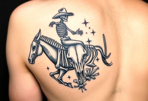cowboy skeleton riding the horse skeleton on bicep, sized to fill most of the outer bicep. mountain/longhorn skull over the shoulder cap. Dill with (stars, dots, and desert plants) tattoo idea