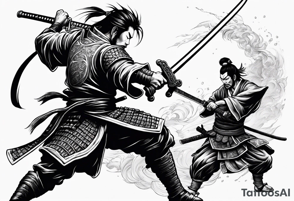 samurai warrior defeating a demon in a 1 on 1 duel and beheading the demon tattoo idea