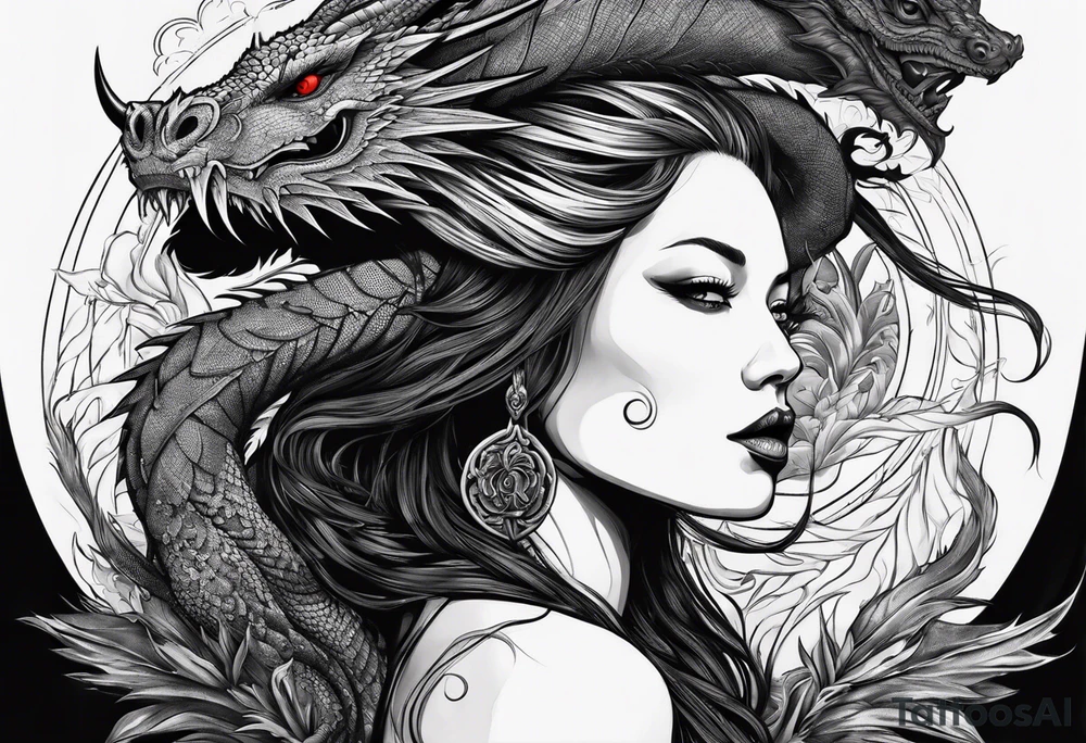 Red dragon behind woman with dreadlocks tattoo idea Red dragon behind woman with dreadlocks tattoo idea