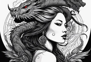 Red dragon behind woman with dreadlocks tattoo idea