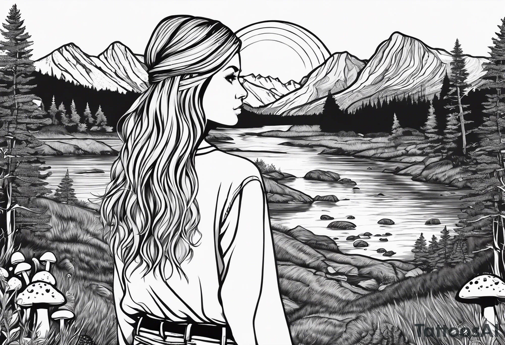 Whole picture encircled fully

Straight long blonde hair hippie girl in distance holding mushrooms in hand facing away toward mountains and creek surrounded by mushrooms long sleeve shirt and hiking pants; whole rendering within a full circle, no cut off circle tattoo idea