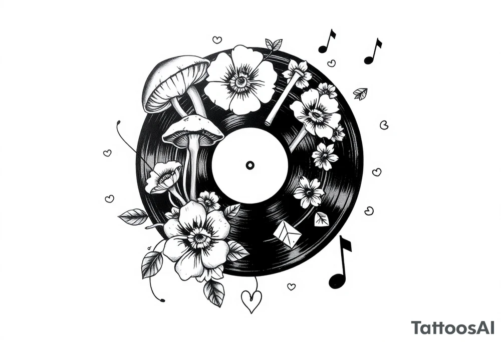 vinyl record with mushrooms, flowers, hearts, and music notes tattoo idea