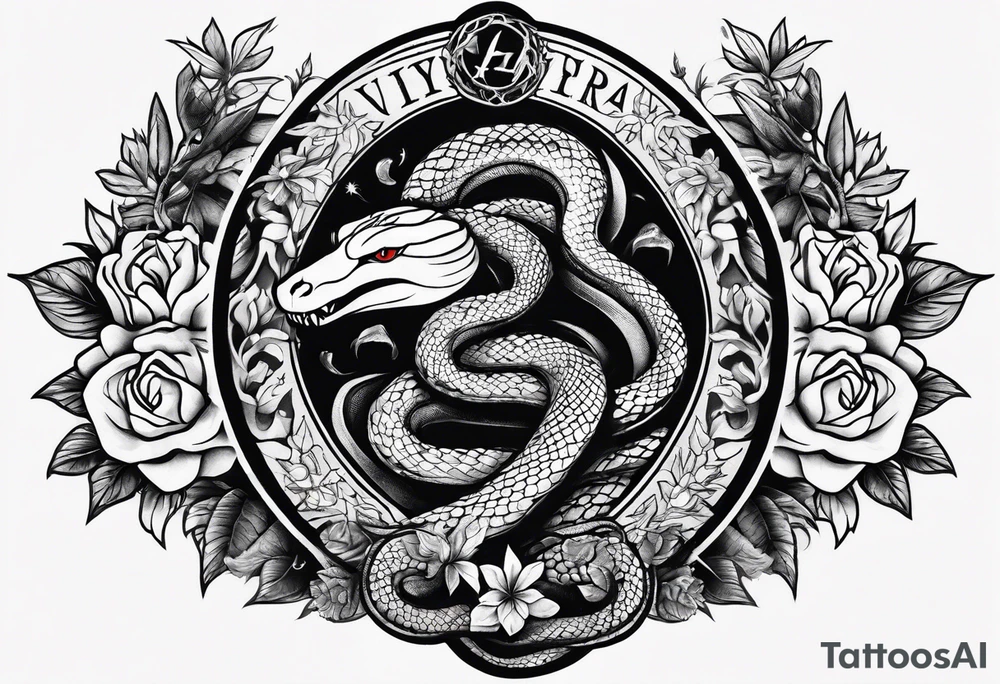 sleeve tattoo with a snake, gun, weed symbol that says HYDRA tattoo idea