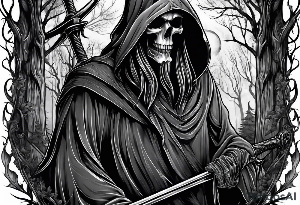grim reaper forest tattoo idea