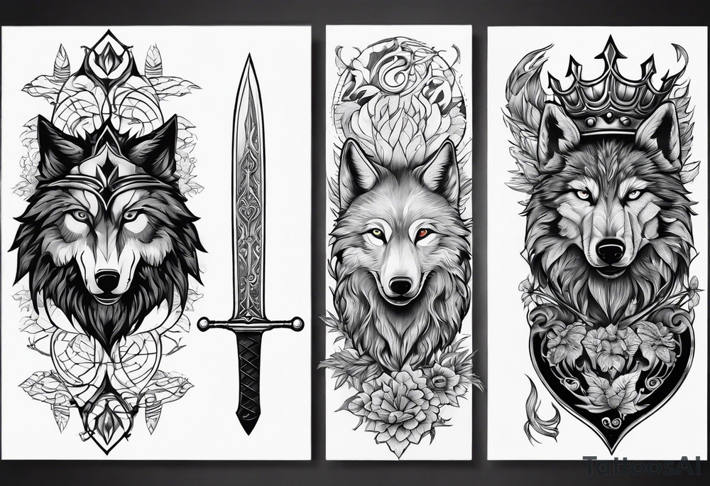 Create a vision of arm tattoo sleeve with combination of sword, crown, tree and three wolves to represent clients family roots tattoo idea