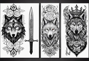 Create a vision of arm tattoo sleeve with combination of sword, crown, tree and three wolves to represent clients family roots tattoo idea