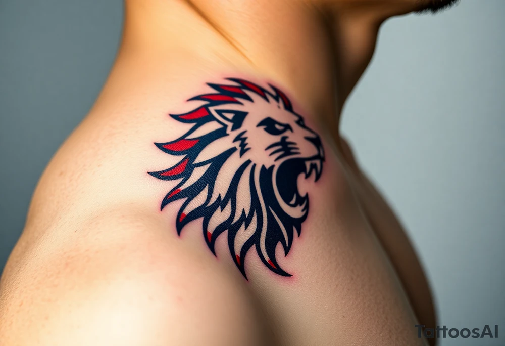 A Czech flag (blue. white and red) morphing into a roaring lion, symbolizing national pride and strength, with deep red, white, and royal blue tones. tattoo idea