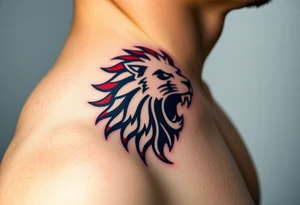 A Czech flag (blue. white and red) morphing into a roaring lion, symbolizing national pride and strength, with deep red, white, and royal blue tones. tattoo idea