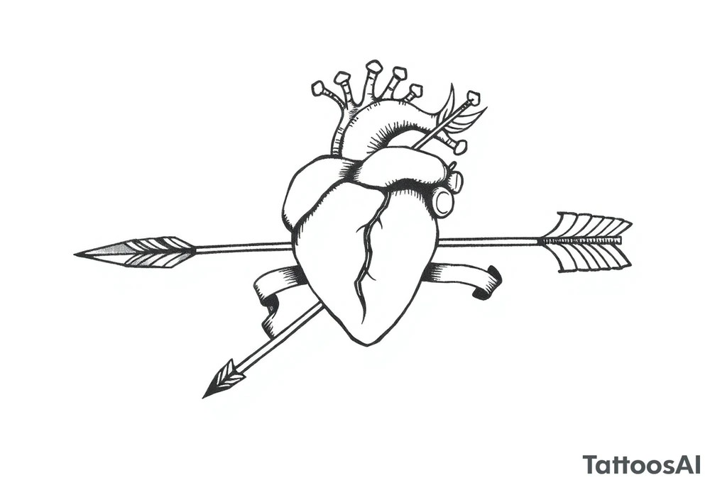 anatomical heart pierced by ornate arrow with flowing ribbons tattoo idea