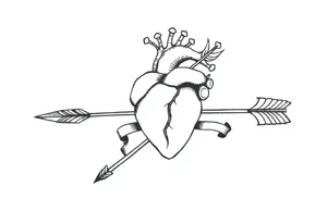 anatomical heart pierced by ornate arrow with flowing ribbons tattoo idea