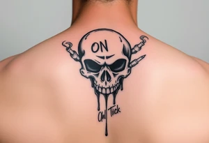 Graffiti type skull with markers dripping ink writing a tag that says on tick behind the skull with smoke that says fuck the buff tattoo idea