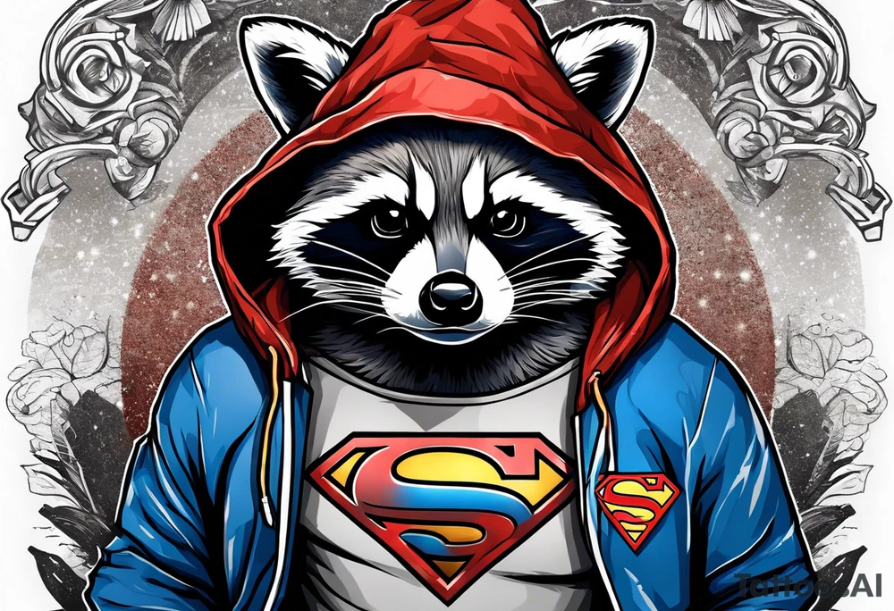 raccoon wearing a Superman hoodie tattoo idea