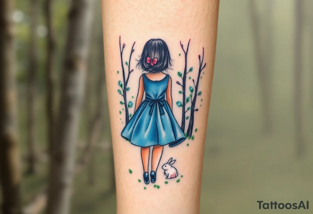 Back view of a girl in a blue dress walking in a forest following a small white rabbit. A pocket watch on top of the scene, falling amongst the trees tattoo idea