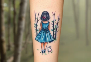 Back view of a girl in a blue dress walking in a forest following a small white rabbit. A pocket watch on top of the scene, falling amongst the trees tattoo idea