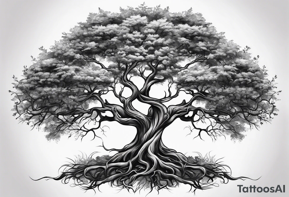tree with long roots and branches tattoo idea