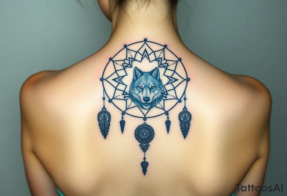 Dreamcatcher with zodiac symbols and protection runes caught in it with wolf teal tattoo idea