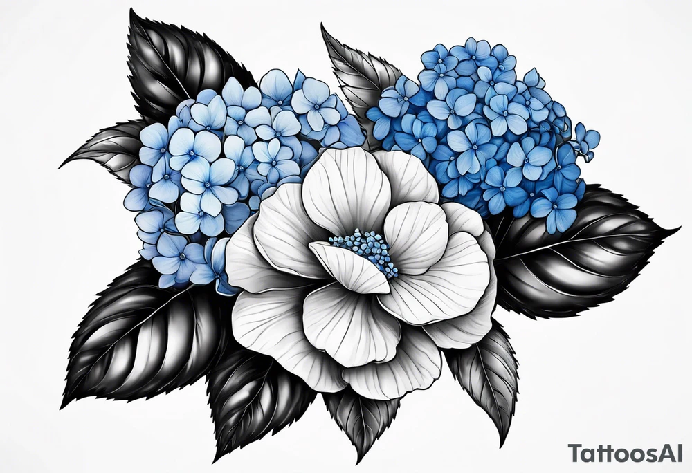 Arm sleeve with blue hydrangea flowers tattoo idea