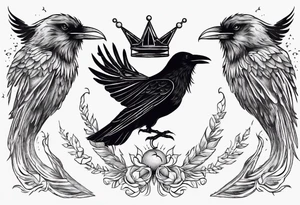 Cunning Raven wearing a Crown flying towards the Sun. Mystic. tattoo idea