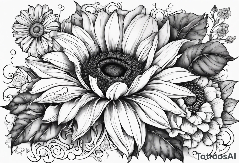 Sunflower, zinnia, poppy, morning glory tattoo idea