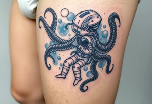 Deep sea kraken octopus, grabbing a astronaut with a space theme background tattoo idea