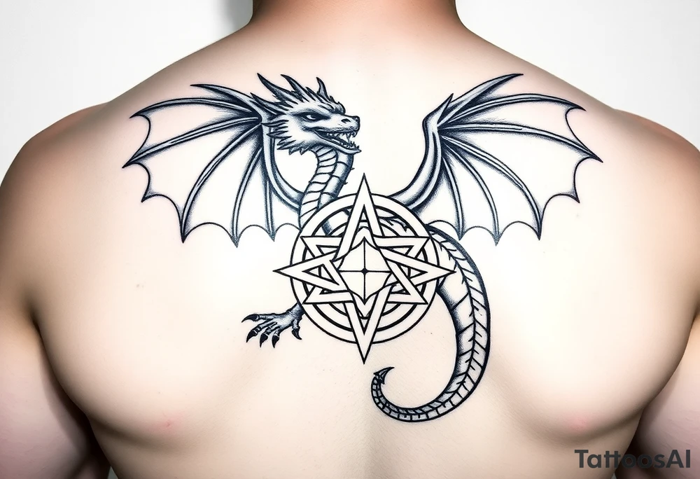 Masculine beautiful realistic dragon holding celtic star tattoo idea