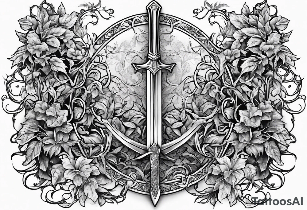 Leafy vines with sword tattoo idea
