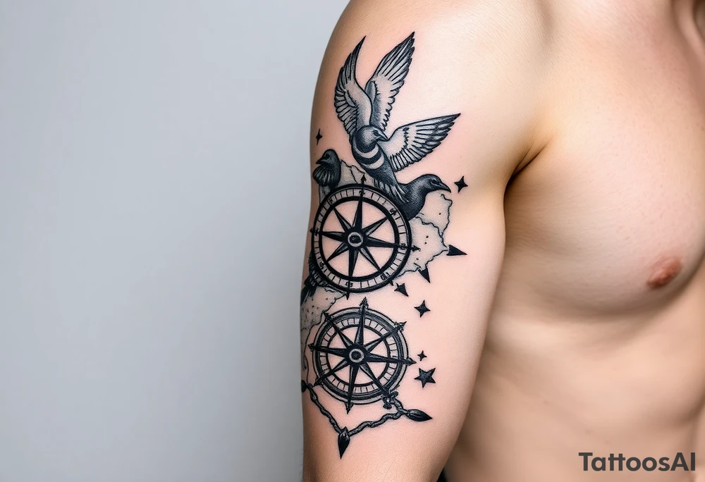 Uncharted 4 sleeve including the designs of the ring, decoder, birds, map, and compass with the words sic parvis magna. tattoo idea