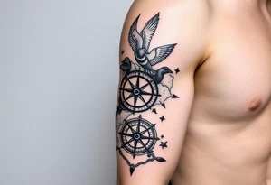 Uncharted 4 sleeve including the designs of the ring, decoder, birds, map, and compass with the words sic parvis magna. tattoo idea