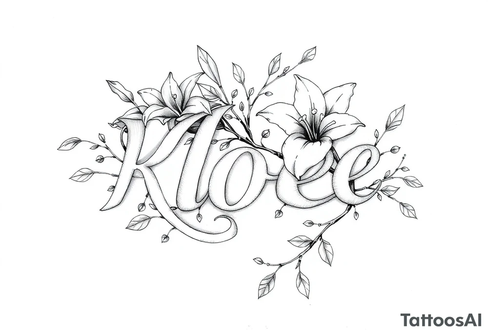 The word Kloee surrounded by big
lilies with the vines in letters tattoo idea