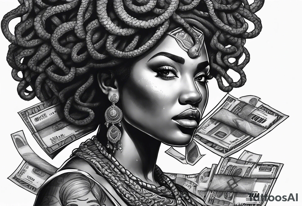 African medusa with money tattoo idea